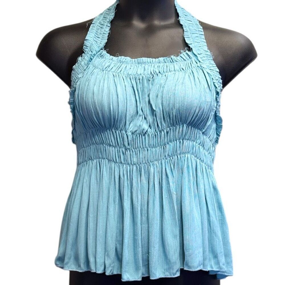 POL Blue Backless Halter Sleeveless Boho Top with Smocking Shirring Detail NEW - Picture 6 of 14